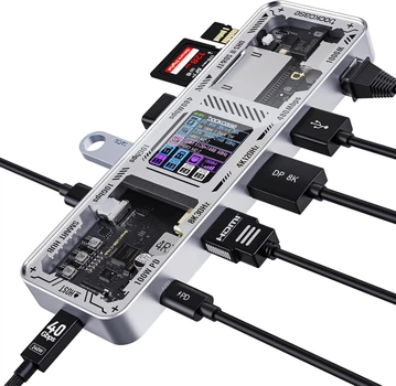 Док-станция DOCKASE Smart 10-in-1 USB-C Hub - HDMI & DP (Explorer Edition), Single 4K144Hz, PD 3.0 100W, Gigabit Ethernet, USB 3.2/USB 2.0, UHS-II SD/TF Card Reader, USB C Dock (2-го Глянцево-серебристый