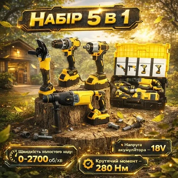 Набір інструментів 5в1 акумуляторний: шуруповерт + болгарка + перфоратор + гайковерт + пила 98V, жовтий