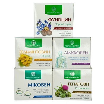 Програма очищення організму Фунгіцин, Гельмінтозин, Лімфорен, Мікобен, Гепатовіт Рослина Карпат (484724)