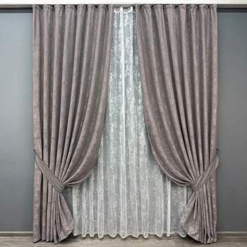 Комплект штор VR-Textil Жаккард Мрамор 100х270 2шт и Тюль 300х270 1210ш-1400т Серо-пудровый с белым 71-007/1