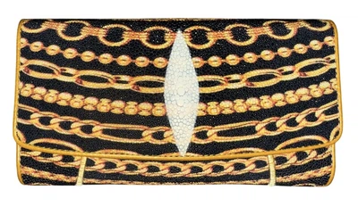 Кошелек женский из натуральной кожи ската черный золотые цепочки Ekzotic leather stw8