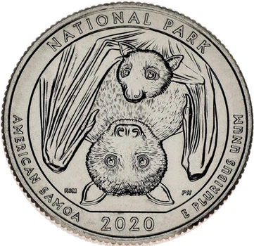 Монета США 25 центов (квотер) 2020 D UNC 51-й парк - Американское Самоа Летучая мышь