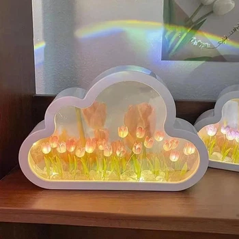 Ночник настольный с тюльпанами в облаке с зеркалом, питанием от USB-кабеля