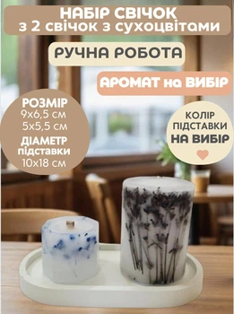 Свічки ручної роботи декоративні ароматичні невеликі арома свічки в наборі з 2 шт на овальній підставці набір свічок з гілочками блакитної гіпсофіли і лаванди