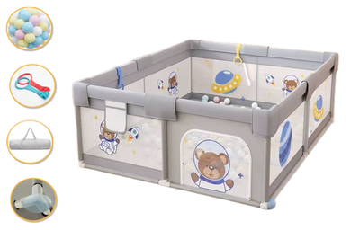 Детский игровой манеж Terrio Bear M 120×160 см серый для малышей, с ручками и 60 цветными мячиками