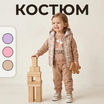 Детский костюм-тройка с жилеткой для девочки 18 мес 86 см бежевый