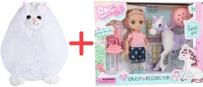 Ігровий набір Іграшка м'яка Inka Toys Кіт Біляш 23х47х11 см + Лялька Qunxing Toys Мія з конем Блондинка (398489445_453197138)