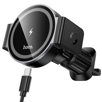 Автоутримувач hoco. HW35 Power 15W з бездротовою зарядкою MagSafe, магнітний утримувач у дефлектор, швидка зарядка Qi до 15W для смартфонів 6.1 до 7.0 дюймів Black