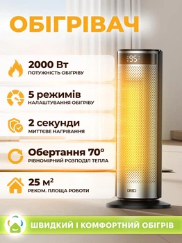 Обогреватель керамический Dreo Solaris SH628, 2000 Вт, керамический нагреватель, термостат, эко-режим, функция вентилятора, колебания 70°, таймер 12 часов, бесшумный режим, светодиодный дисплей, пульт дистанционного управления, черно-серебристый