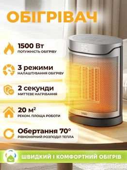 Обогреватель Dreo Atom 318, 1500 Вт — керамический обогреватель с термостатом, эко-режимом, функцией вентилятора, колебанием 70°, таймером 12 часов и бесшумной работой