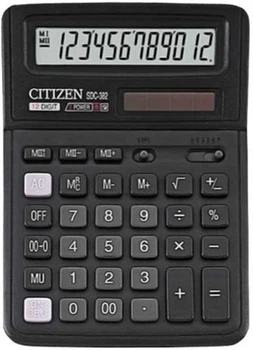 Калькулятор Citizen SDC-382 II; настольный, 12-разрядный, литиевая + солнечная батарея (двойное), 192 x 143 x 39.5 мм