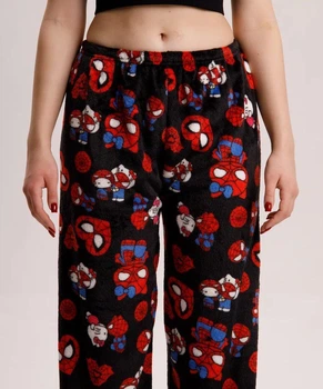 Штани піжамні плюшеві теплі чорного кольору Spiderman x Hello Kitty домашні штани Спайдермен Людина Павук Хеллоу Кітті, M-L