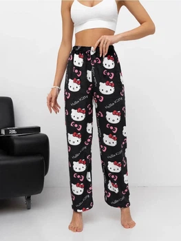 Штани плюшеві піжамні чорного кольору Hello Kitty, теплі домашні штани Хеллоу Кітті, M-L