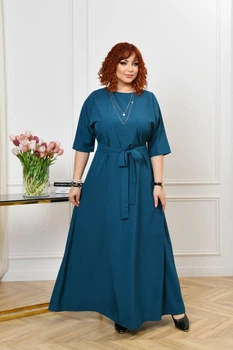 Сукня довга, з вкороченим рукавом та поясом, з супер софту Код ФЛ-3865, морська хвиля, 52-54