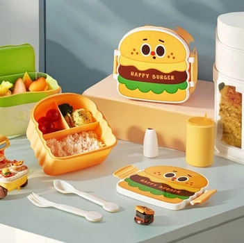 Ланч-бокс детский "Happy Burger" трехуровневый с ложкой и вилкой Желтый