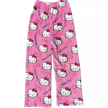 Плюшеві піжамні штани Hello Kitty — Теплі жіночі домашні брюки з флісу, рожеві штани для сну та відпочинку в стилі Y2K Xs