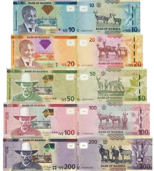 Набір 5 банкнот 10, 20, 50, 100, 200 доларів Намібія 2019 - 2023 рік UNC