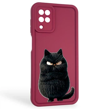 Чохол силіконовий оригінальний Soft Touch з 3D принтом злого кота для Samsung Galaxy A12 (SM-A127F) бордовий (Повний захист камери)