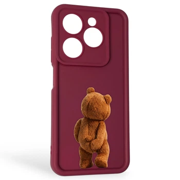 Чехол силиконовый Soft Touch с 3D принтом смешного теда мишки для Tecno Spark 20C BG7n бордовый (Полная защита камеры)