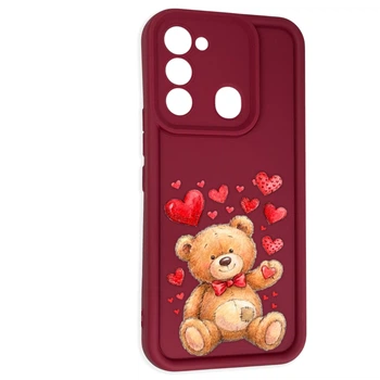 Чехол силиконовый Soft Touch с 3D принтом милый мишка для Tecno Spark Go (KG5m) бордовый (Полная защита камеры)