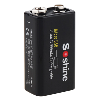 Аккумулятор крона 6F22 Soshine 9V 500 mAh с Type-C зарядкой / Батарейка аккумуляторная