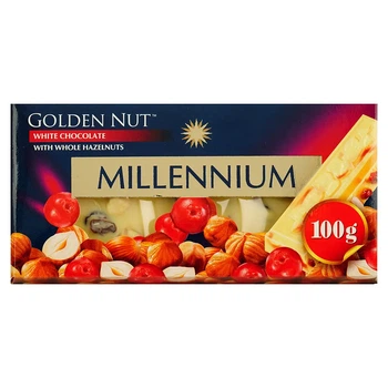 Шоколад Millennium Gold білий з цілісним горіхом та журавлиною 100 г