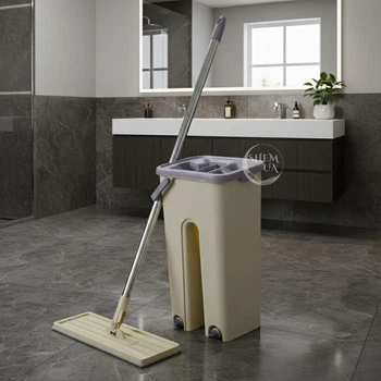 Набор для влажной уборки дома MOP Scratch Cleaning, плоская швабра с отжимом, швабра с ведром 4 л с автоматическим отжимом для уборки, швабра + ведро и 2 насадки из микрофибры, CSM-42-Beige