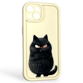 Чехол силиконовый оригинальный Soft Touch с 3D принтом злой котик для Apple iPhone 13 молочный (Полная защита камеры)