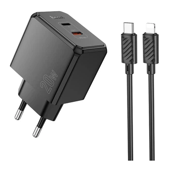 Мережевий Зарядний Пристрій Hoco CS16A 1USB-C/1IP PD/QC 20W+Type-C to Lightning Чорний