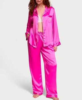 Сатинова піжама Victoria's Secret (сорочка+штани) Рожева сатин Satin Long Pajama Set XS