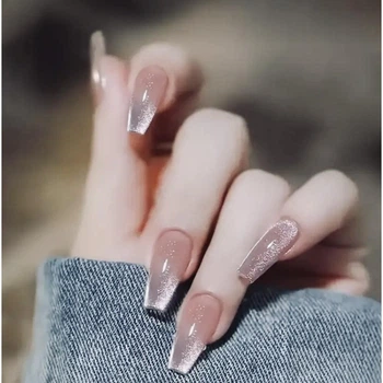 Накладні нігті Nail Cat Eyes, котяче око бежеві нюд, форма балерина, довгі, 24 шт