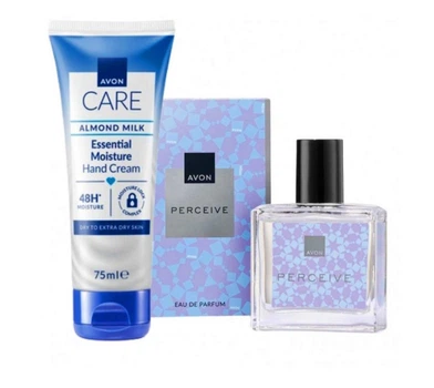 Жіночий парфумований набір 2-в-1 Avon Perceive: Парфумована вода Perceive для Неї 30 мл + Захисний крем для рук Avon Care Almond Milk Essential Moisture Hand Cream 48 Moisture з гліцерином, мигдальним молочком та вітаміном Е 75 мл
