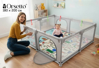 Манеж детский игровой 180×200 коврик двусторонний сухой бассейн развивающий мягкое сетчатое ограждение зона игр детская площадка для детей малыша 50 шариков домашний комнатный уличный складной переносной для дома квартиры дачи серый Orsetto XXL