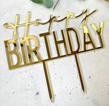 Топпер для торта Happy Birthday дзеркальний пластик (11см) Золото