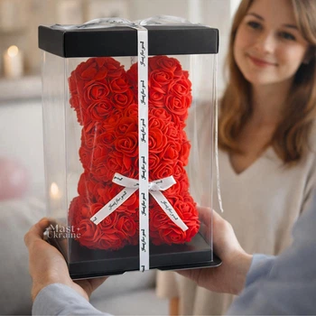 Подарок Зайчик из роз 23×13,5см, романтический подарочный набор из цветов ручной работы, 3D зайчик в подарочной упаковке для декора и праздников, KR-21-Red