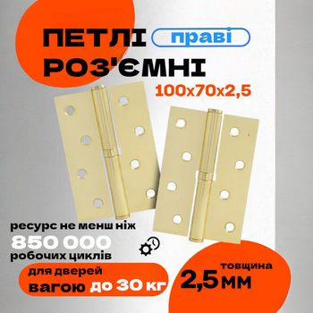 Комплект разъёмных врезных петель карточного типа для деревянных дверей FZB 4*100*70 GP правая Золото