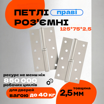 Комплект разъёмных врезных петель карточного типа для деревянных дверей FZB 5*125*75 SN правая Сатин