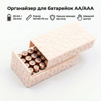 Кейс для хранения батареек AA/AAA, органайзер 20×AA и 25×AAA, крышка, прочный пластик 150×60×70 мм белый