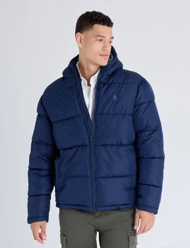 Мужская пуховая куртка US Polo Assn однотонная с капюшоном M синяя
