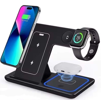 Беспроводная зарядная станция 15W 3 в 1 для iPhone, Apple Watch, AirPods Pro, Samsung и устройств с функцией беспроводной зарядки