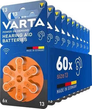 Батарейка ZA13 (PR48) Varta 60 ШТУК, для слуховых аппаратов