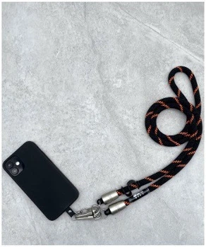 Шнурок на шею для телефона Rope Stripe Cord черный и оранжевый аксессуар для удобного ношения и украшения