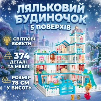 Детский игровой кукольный домик с мебелью и световыми эффектами, 5 этажей, 374 детали