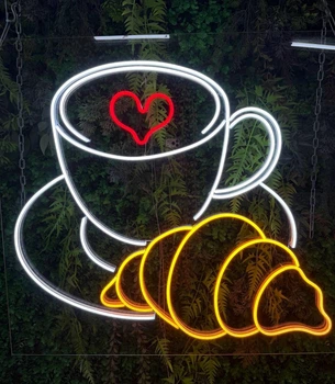 Неоновая вывеска Чашка кофе с круасаном 60×80 см LED