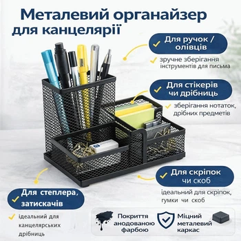 Металлический настольный органайзер для канцелярии, карандашей, ручек от Urbankit, черный, 10X20.5X10.5 см (1KANCB)