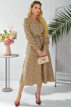 Жіноча сукня міді у клітинку з довгим рукавом LadyLike 50 Бежевий (ll2194325589444)