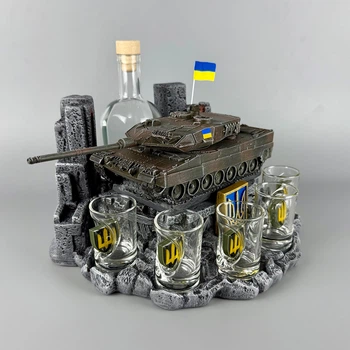 Комплект чарок із графіном для горілки 6 стопок + пляшка "Leopard 2A6" | Ручна робота PA_1078_3
