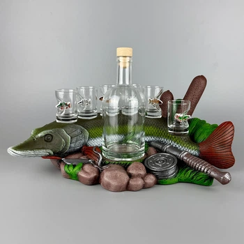 Комплект рюмок с бутылкой для водки "Щука" ручная работа | Подарок для мужчины, который любит рыбалку PA_2003_3