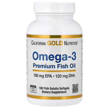 Премиальный рыбий жир California GOLD Nutrition "Omega-3 Premium Fish Oil" жирные кислоты омега-3, 1100 мг (100 капсул из рыбьего желатина)