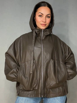 Куртка женская Dolly Villa 6396 из экокожи оверсайз с капюшоном большие размеры XL коричневая